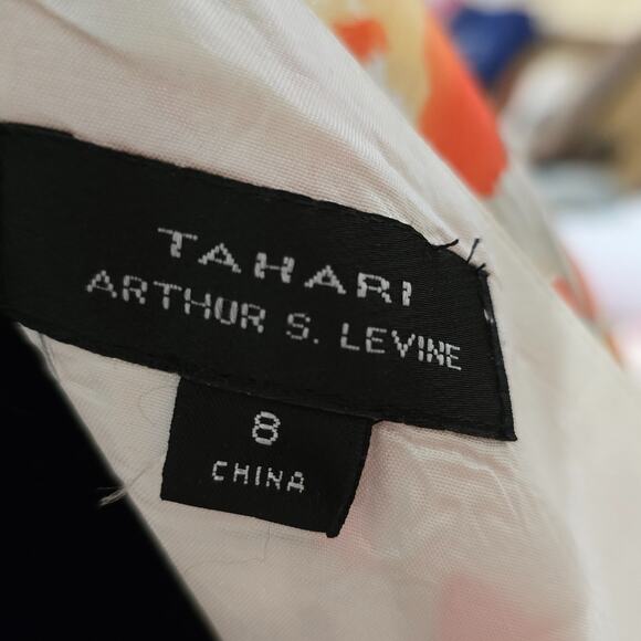 Tahari Arthur S. Levine Floral One‎ Shoulder Dress Orange White Fit & Flare Sz 8 - Picture 9 of 11